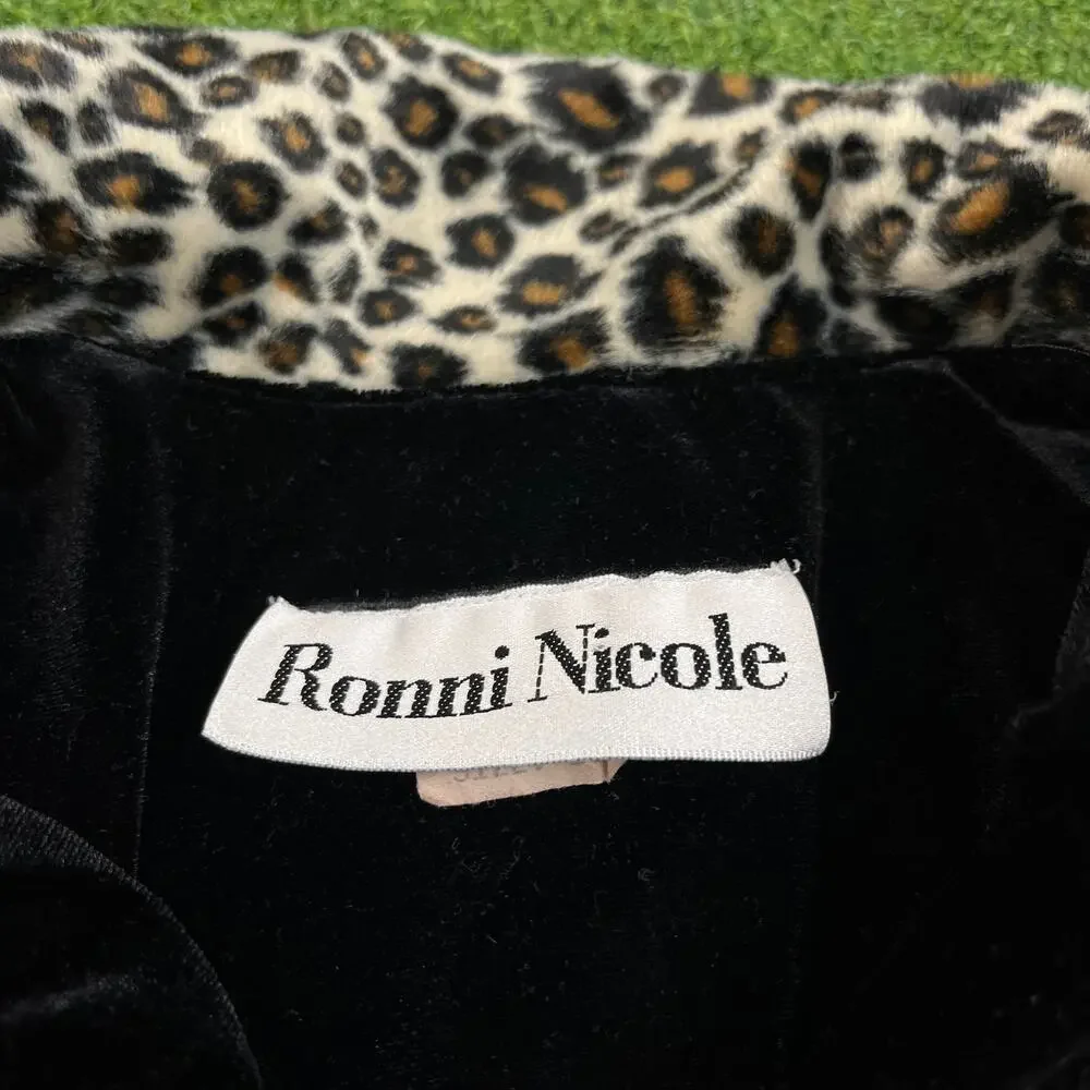 Vintage 90s Ronni Nicole Leopard Trim Black Velvet Shirt Dress Sz 10 - Picture 2 of 6